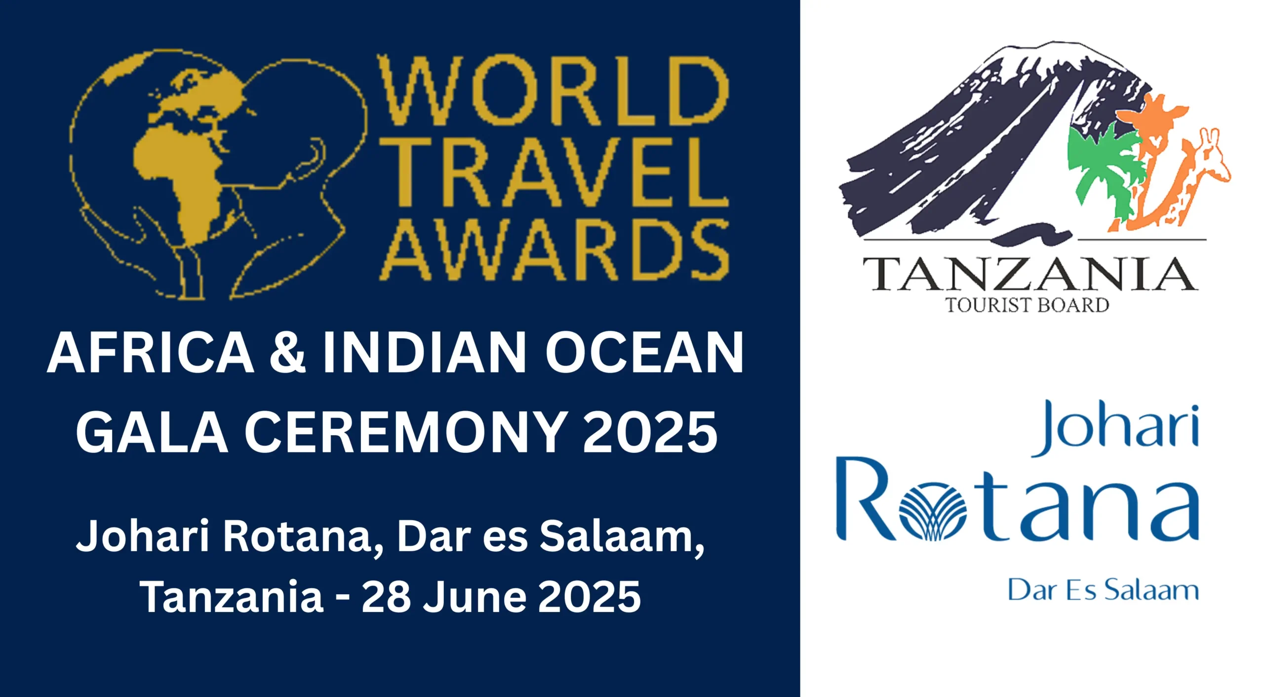 Promotional banner announcing Tanzania as the host of the 2025 World Travel Awards Africa & Indian Ocean Gala Ceremony.