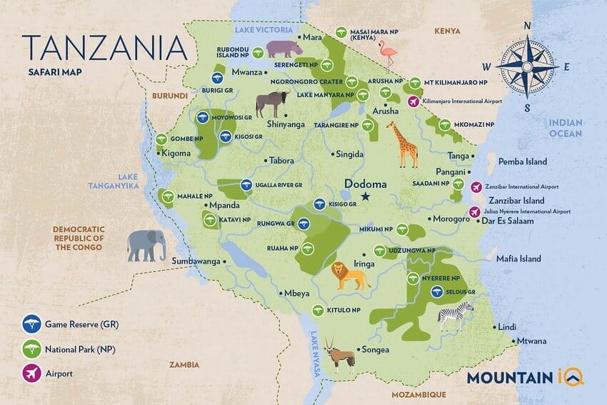 Tanzania safari destinations map showing national parks and routes
