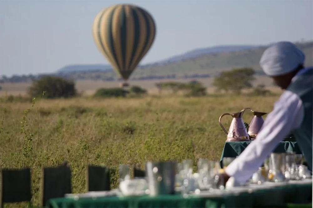 Bush breakfast served after hot air balloon safari in the Serengeti, Tanzania