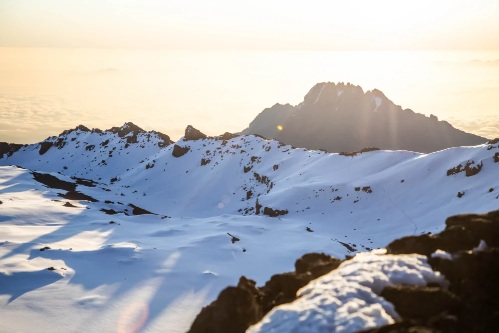 Glacier on Mount Kilimanjaro at extreme altitude where Kilimanjaro altitude sickness risk is highest