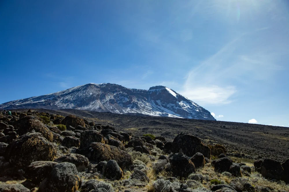 Kilimanjaro altitude sickness risk zone. Looking up at Uhuru Peak summit at 5,895m, Tanzania