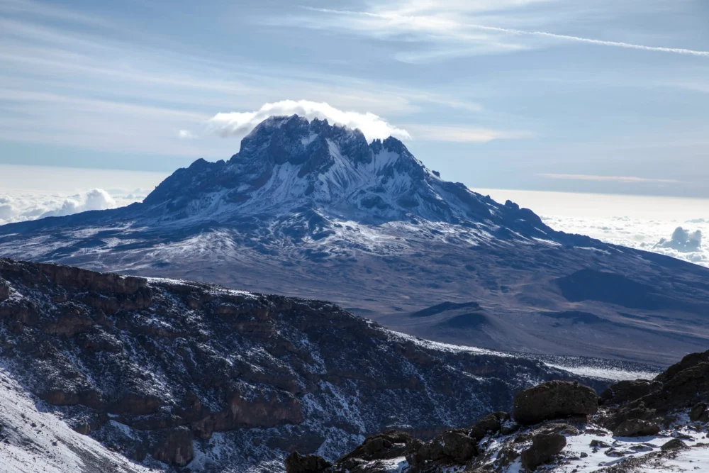 Mawenzi peak — Kilimanjaro's dramatic rocky second cone at 5,149m seen from the mountain trail, Tanzania