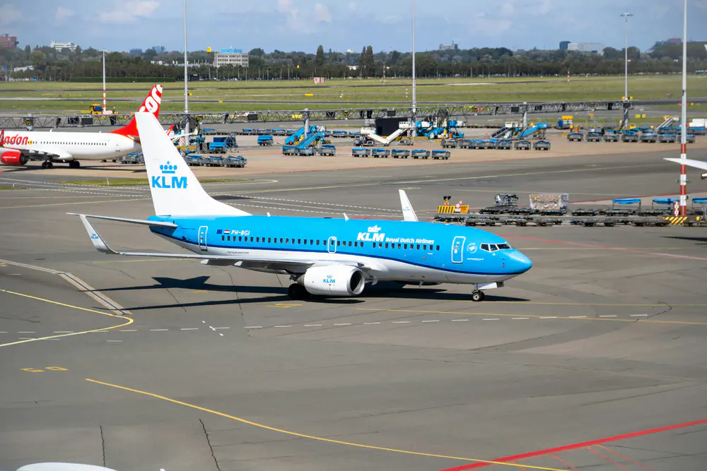 KLM Boeing 737 taxiing at Schiphol Airport.