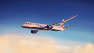 Boeing 787 Dreamliner aircraft in flight, side view, used by airlines flying to Tanzania from the UK"