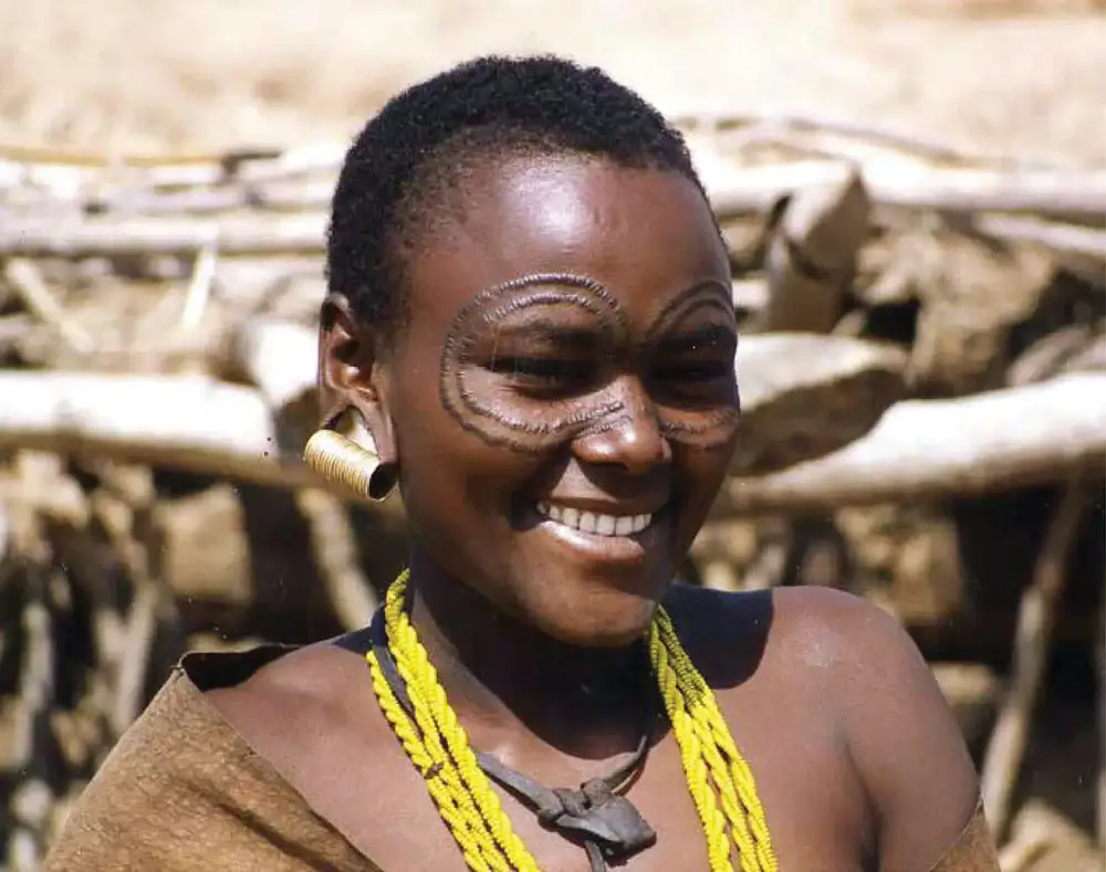 Portrait of a Datoga woman from the Lake Eyasi area of Tanzania, showcasing the distinctive facial markings that are an important part of Datoga tradition.